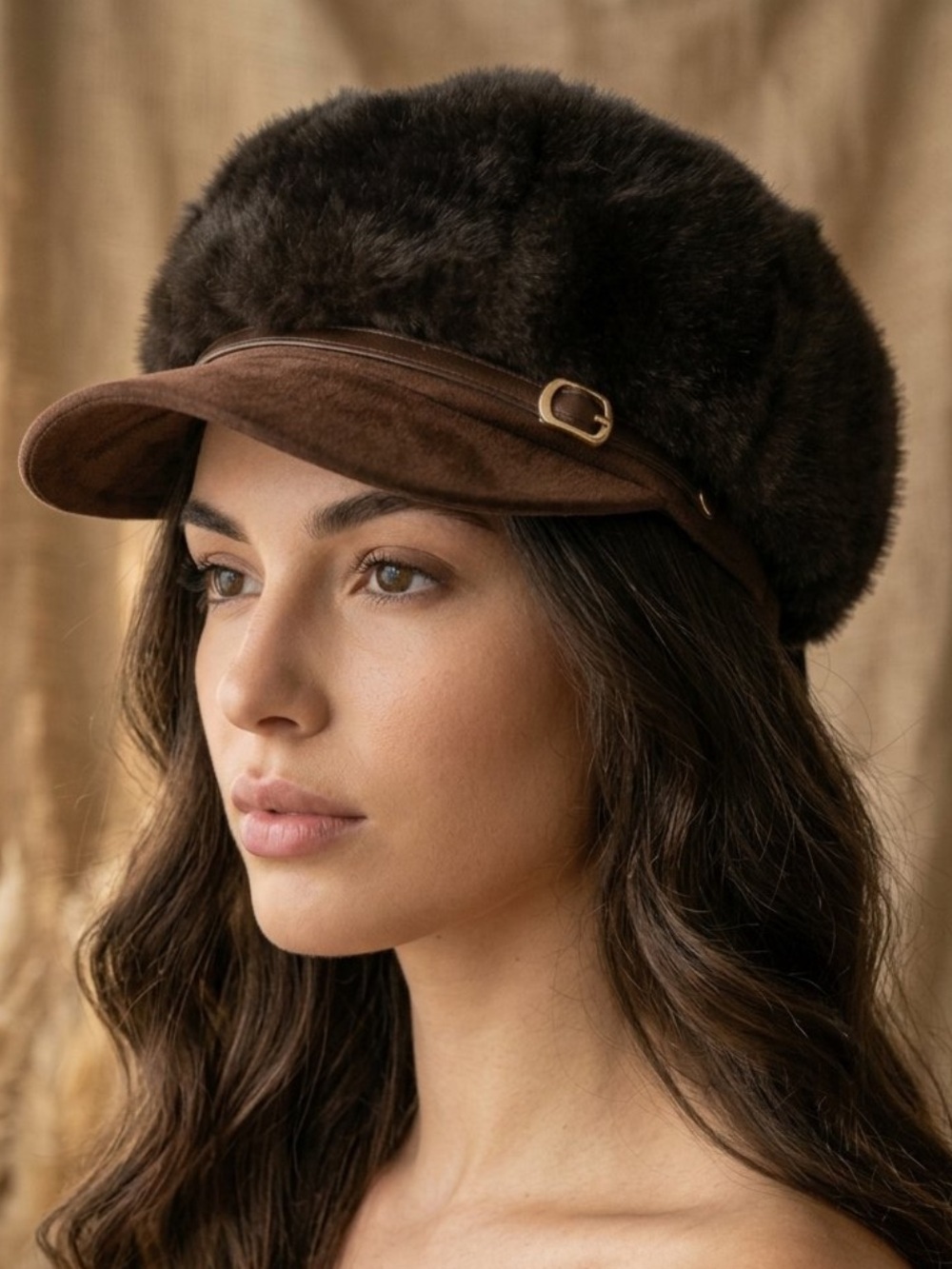 Faux fur hat brown with gold buckle furry chic cap faux suede brim